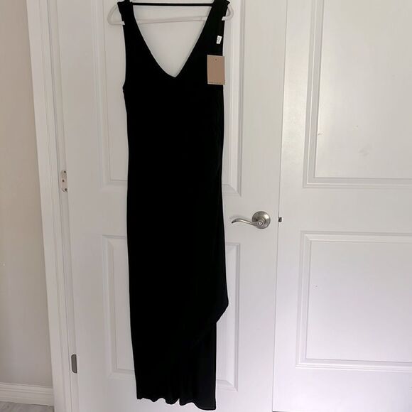 Enough about Me Black Soft Stretchy Maxi with 20in Slit DeepV Back Asymmetrical - Picture 2 of 10